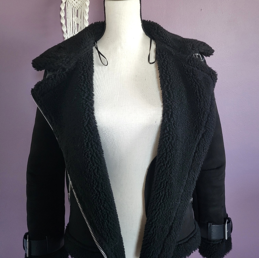 Zara Black Faux Suede Sherpa Lined Oversized Buckle Aviator Bomber Jacket Coat - Picture 11 of 14